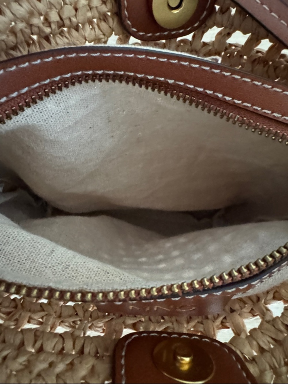Mango Beige Woven Shoulder Bag w/Brown Leather Handle.Zipper & magnetic closure. - Picture 7 of 13